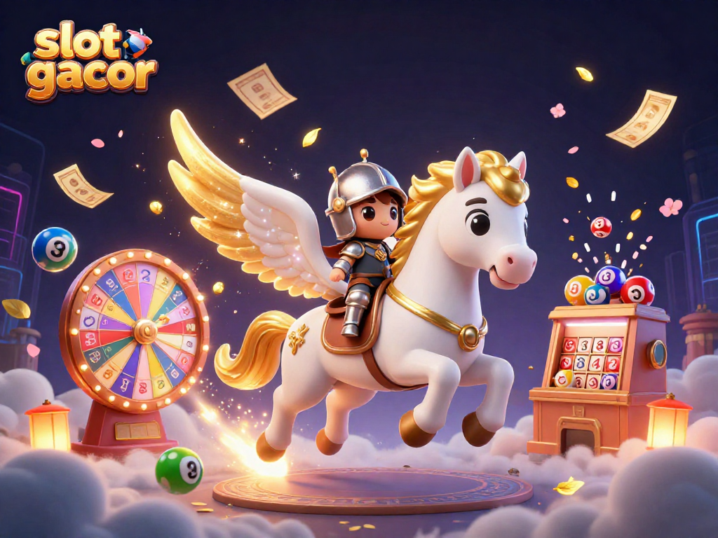 Engage with slot gacor as colorful lottery elements bounce around lively characters in a dynamic casino scene.