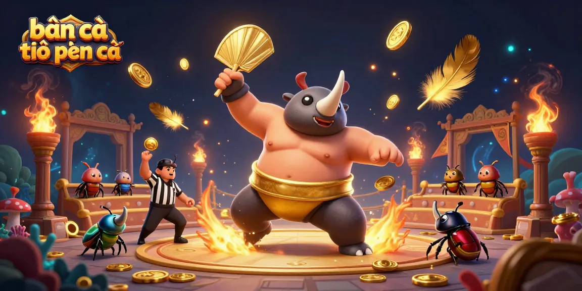 Bắn cá tiểu tiên cá scene with cartoon beetle characters amidst swirling golden coins and underwater elements, showcasing exciting gameplay.
