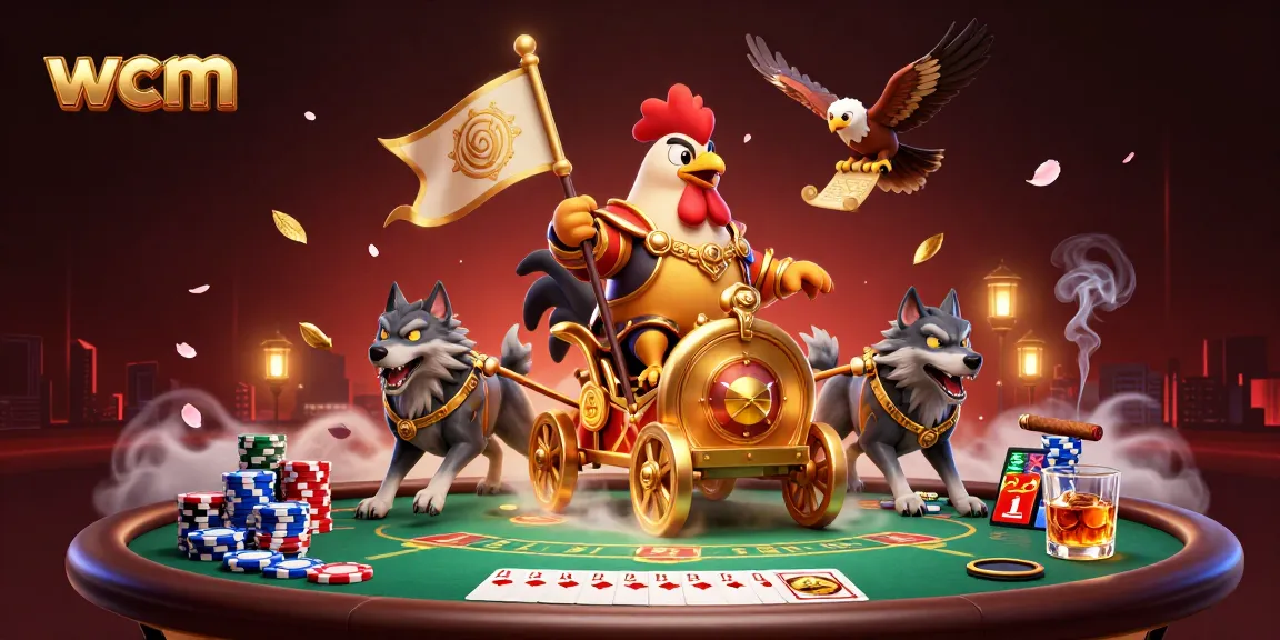Experience thrilling poker action with wcm, featuring a rooster warlord and dynamic casino elements.