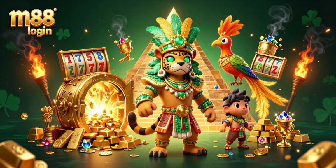 Experience the thrill of m88 login with a vibrant casino scene featuring a Mayan priest and treasures.