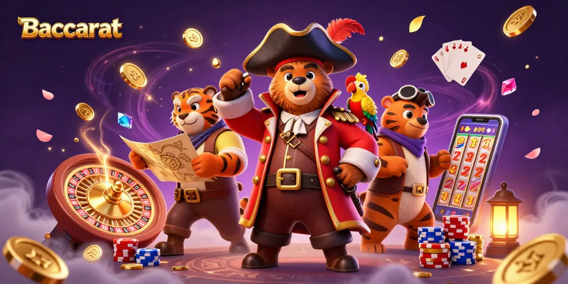Experience Baccarat with vibrant characters and dynamic casino elements in this colorful 3D illustration.