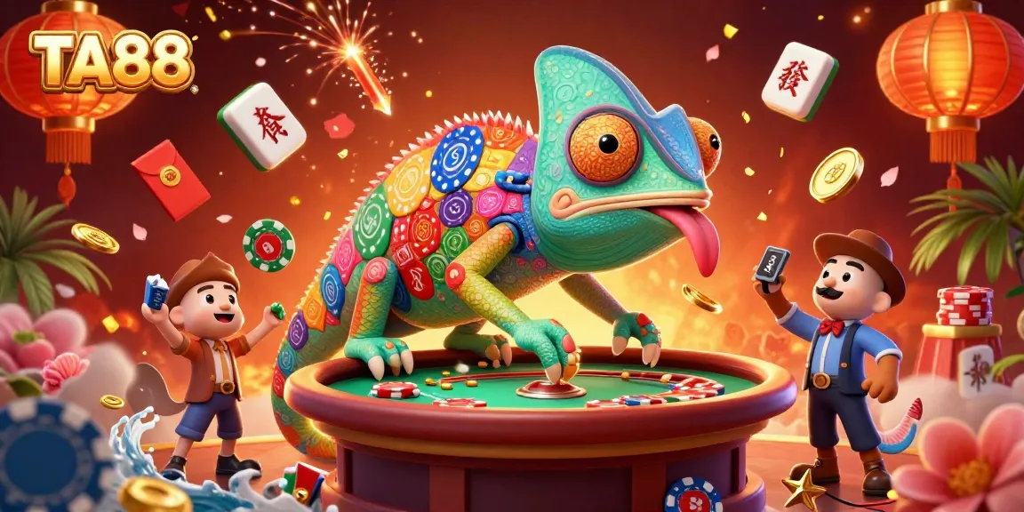 Experience the TA88 casino adventures with a dynamic chameleon owner in a vibrant 3D illustration.