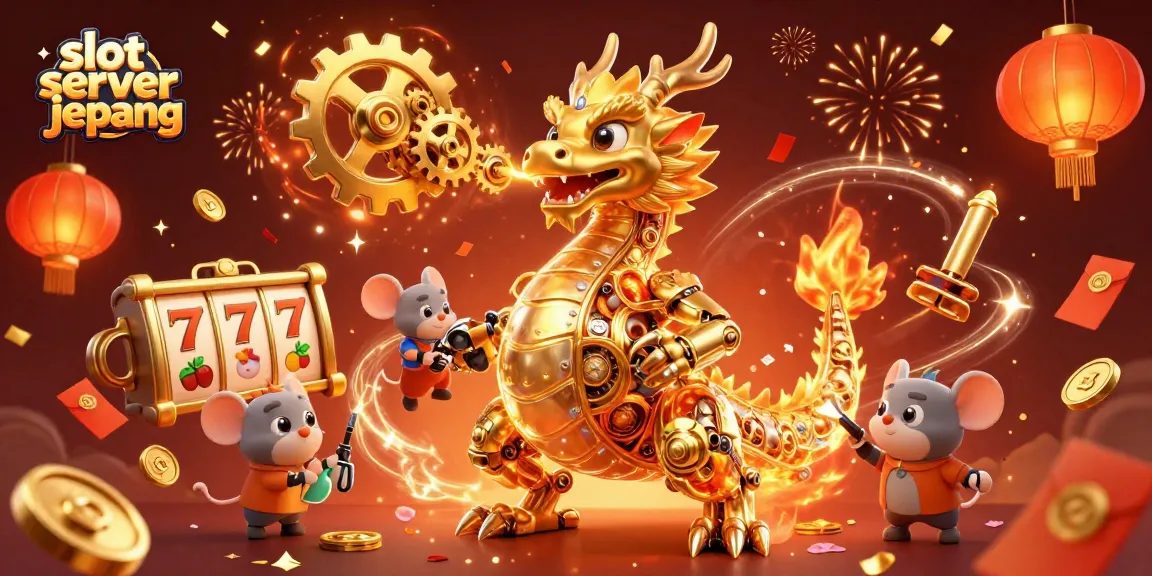 Engage with slot server jepang featuring a golden dragon and slot reels amidst festive decorations.