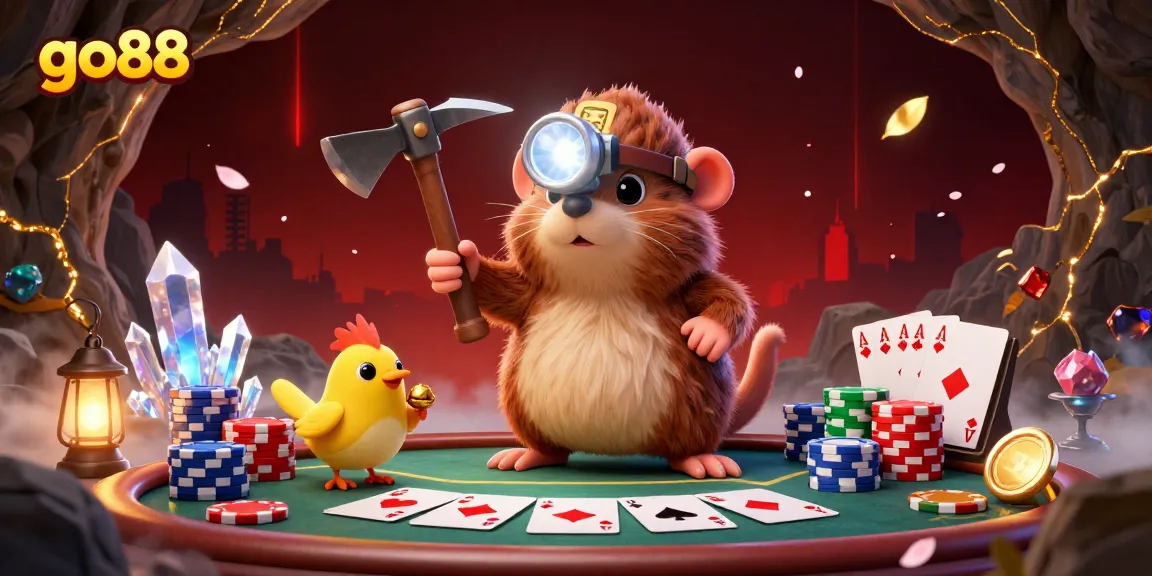 Experience the go88 excitement with a treasure hunter mole amidst vibrant poker elements.