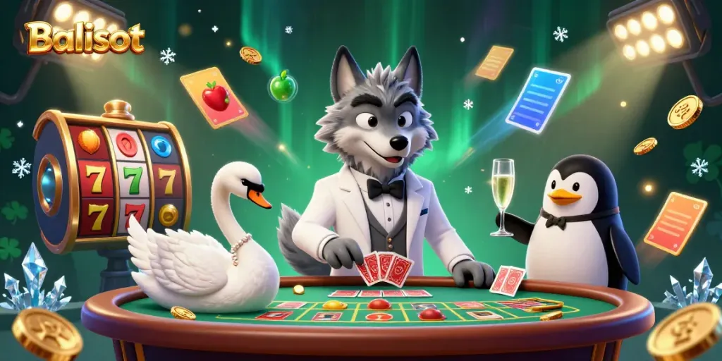 Engage in thrilling gameplay at Balislot with an exciting scene featuring a debonair wolf, a swan dealer, and a penguin sommelier.