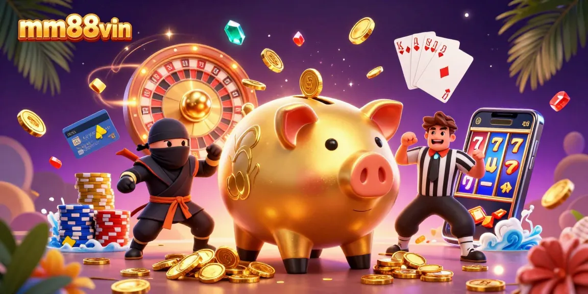 Experience thrilling gameplay with mm88vin as a massive golden piggy bank sumo wrestler shakes loose coins in an exciting casino scene.
