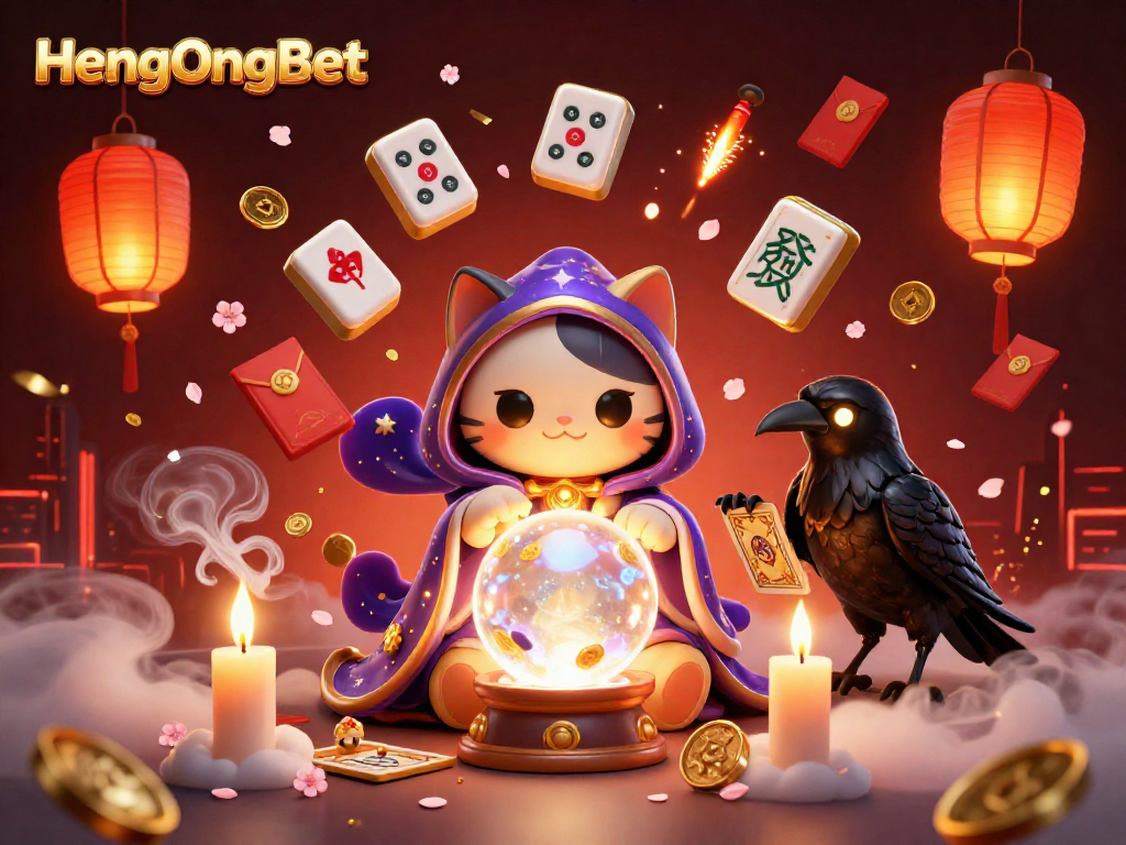 Engage with HengOngBet showcasing a mystical cat and raven in a vibrant casino scene.
