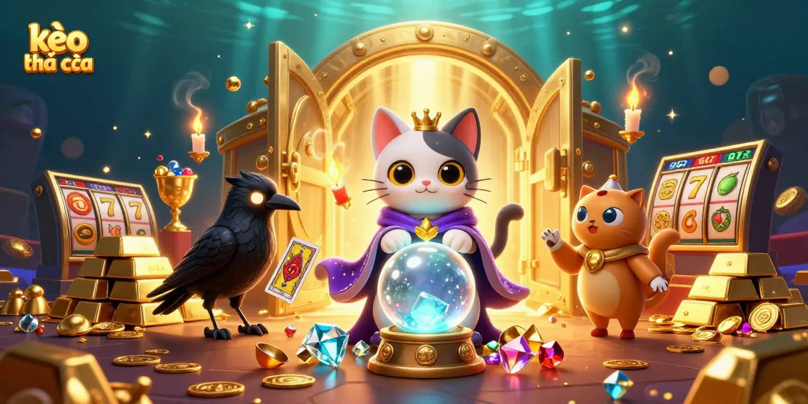 Engage with kèo nhà cái in this vibrant 3D illustration showcasing a mystical cat, raven, and casino elements.