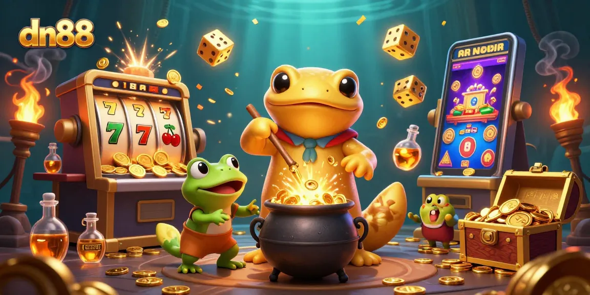 Experience thrilling dn88 slot games with a dynamic 3D cartoon casino scene filled with golden elements.