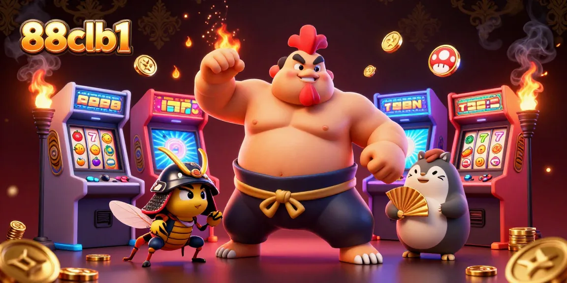 Experience the excitement of 88clb1 with dynamic casino elements, featuring a sumo rooster, a samurai cricket, and vibrant gaming machines.