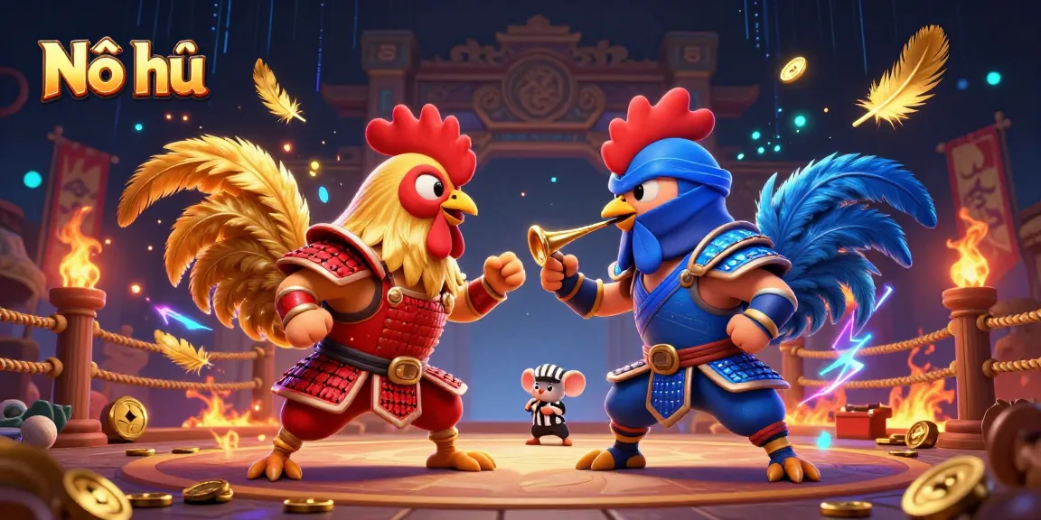 Nổ hũ jackpot players battling in an intense arena with dynamic golden feather effects