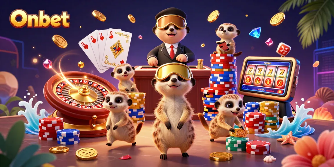 Onbet casino illustration featuring meerkats operating a vibrant gaming scene with dynamic elements.