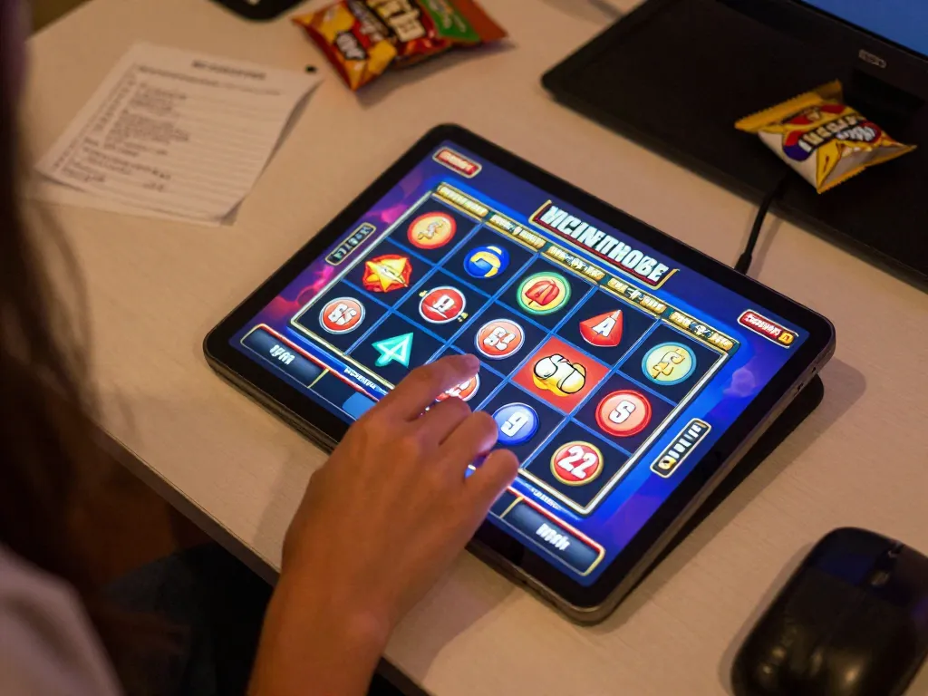 Permainan slot online yang menarik di lingkungan rumah yang nyaman, menampilkan layar mesin slot yang cerah.