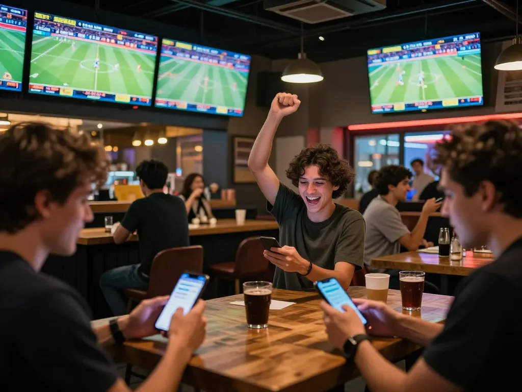 Engaged sports bettors analyzing odds on their devices while enjoying the vibrant atmosphere of tylebongda promotions