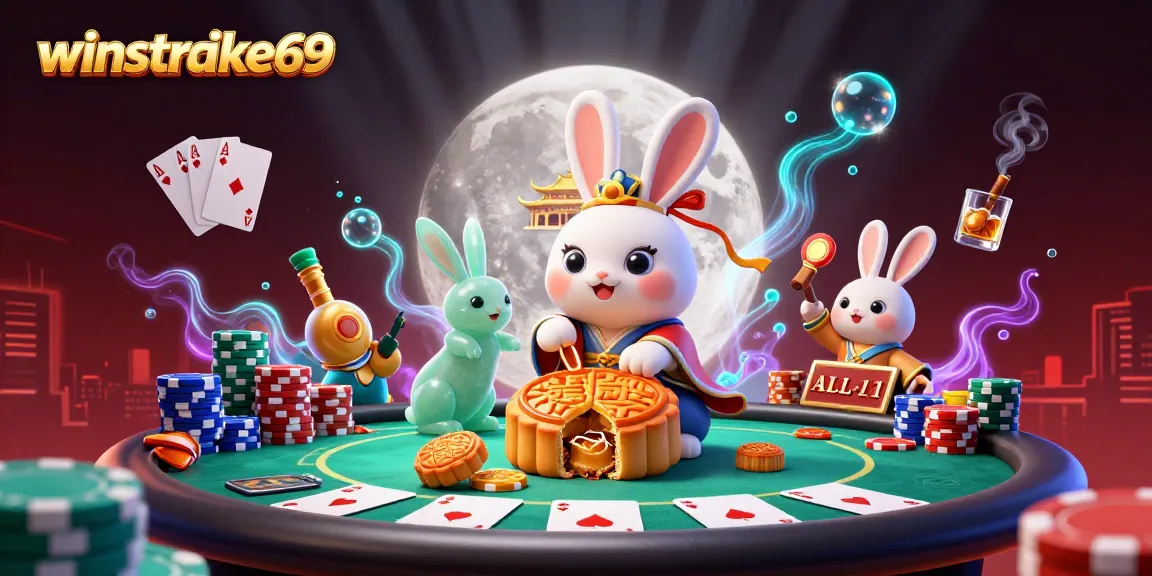 Experience the excitement of winstrike69 with a vibrant 3D casino illustration depicting poker chips and moon-themed characters.