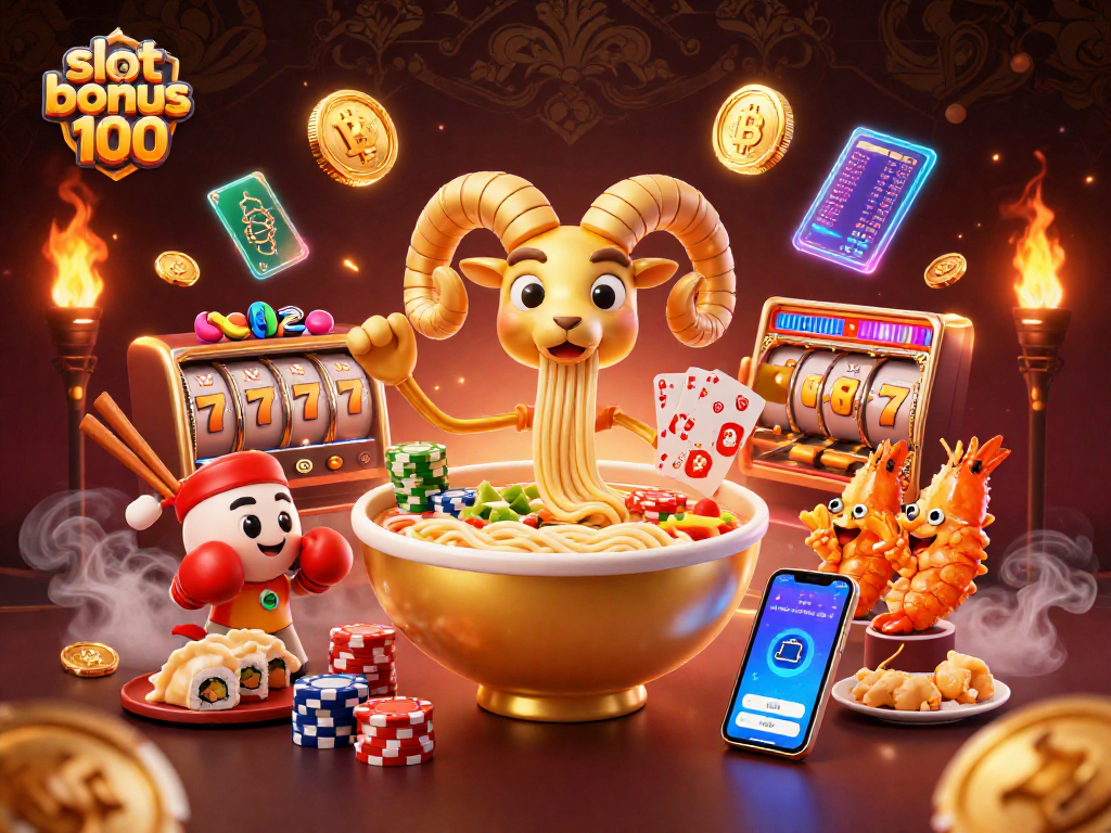 Experience thrilling gameplay with slot bonus 100 in this colorful and dynamic casino scene.