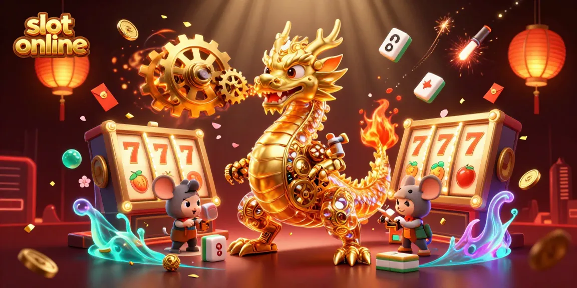 Permainan slot online dengan naga emas biomekanik dan elemen keberuntungan yang memikat.