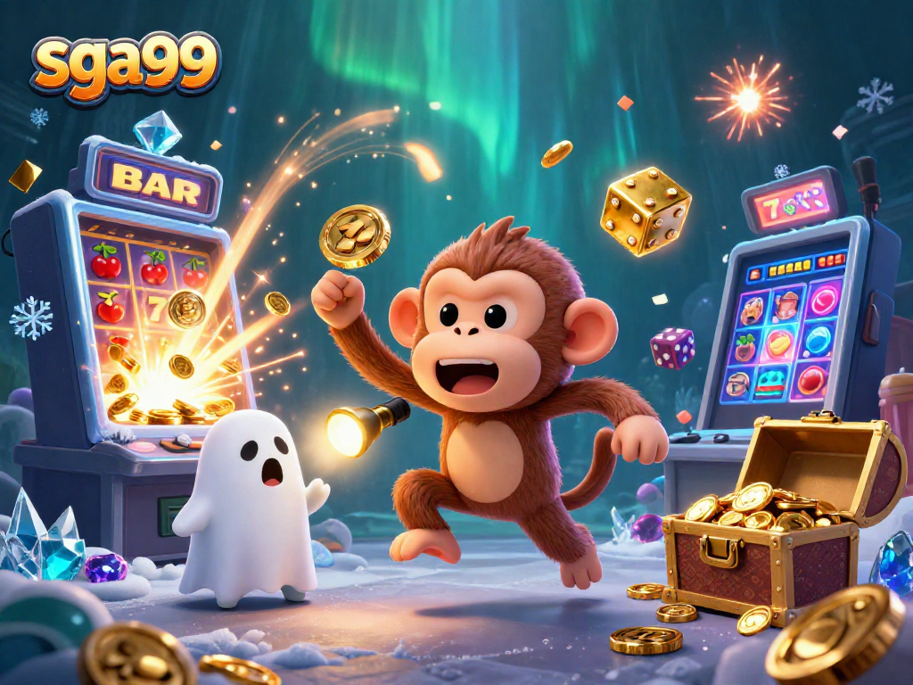 Experience the magic of sga99 with a playful ghost and thrilling casino elements in an action-packed scene.