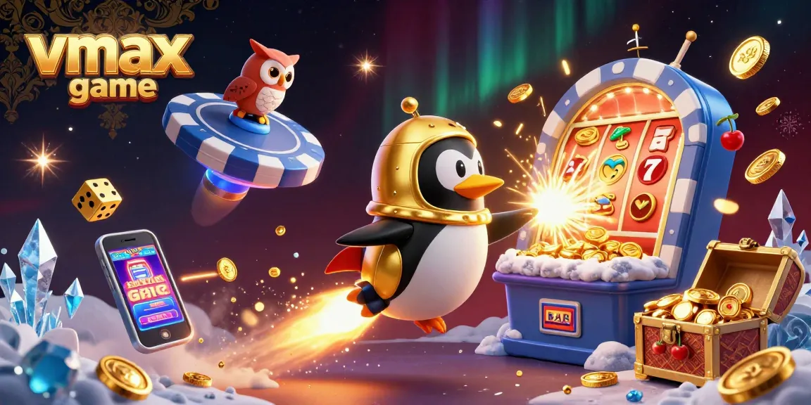 Spin the reels and win big in vmax game, illustrated with vibrant casino graphics and golden penguin.