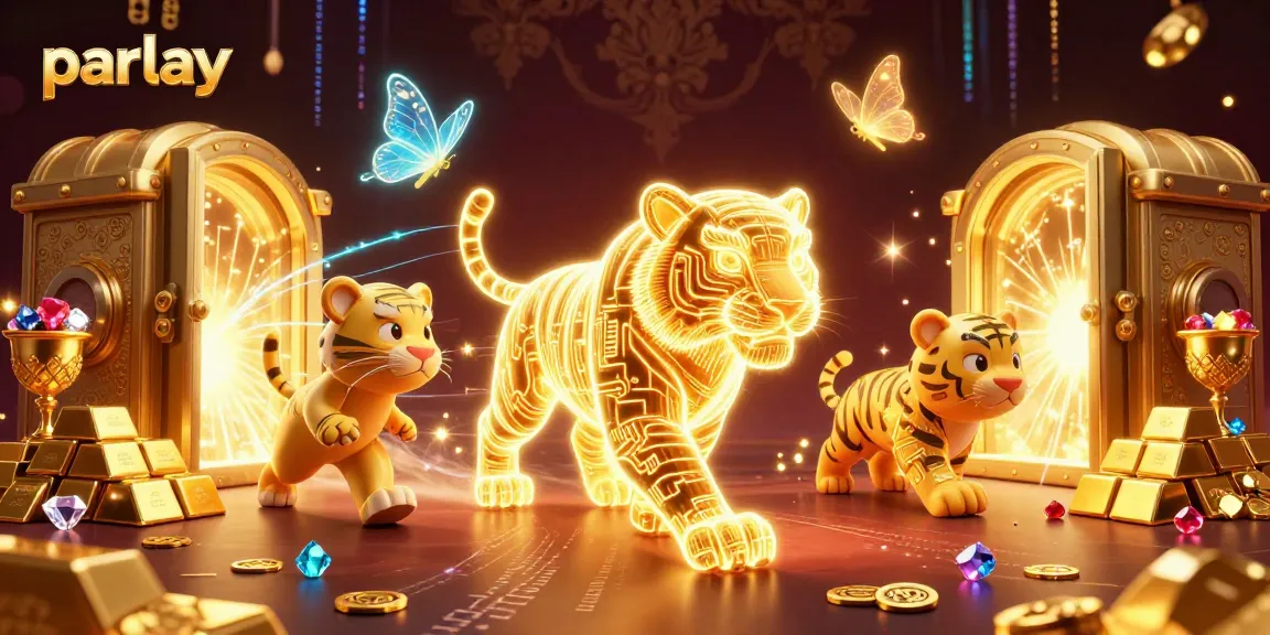 Engage in exciting parlay betting with a golden tiger and treasure in a vibrant casino landscape.