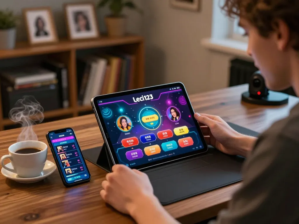 Leci123 app in action, showcasing online casino gameplay and strategic decision-making amid a cozy home environment.