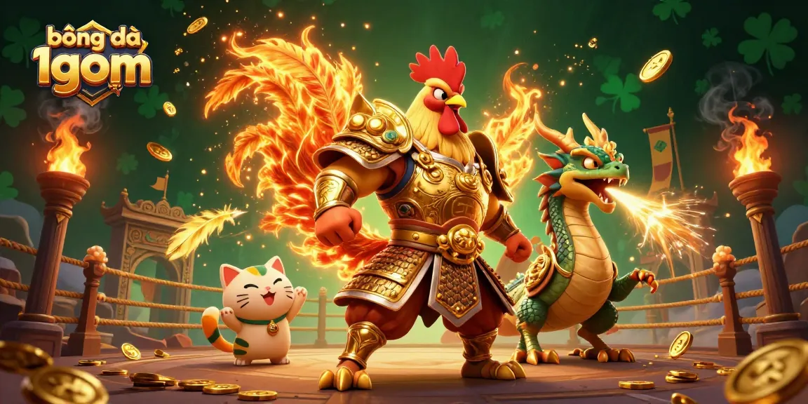 Bóng đá 1gom brings excitement to the arena with a dynamic illustration of a rooster warrior, armored dragon, and fortune cat surrounded by gambling elements.