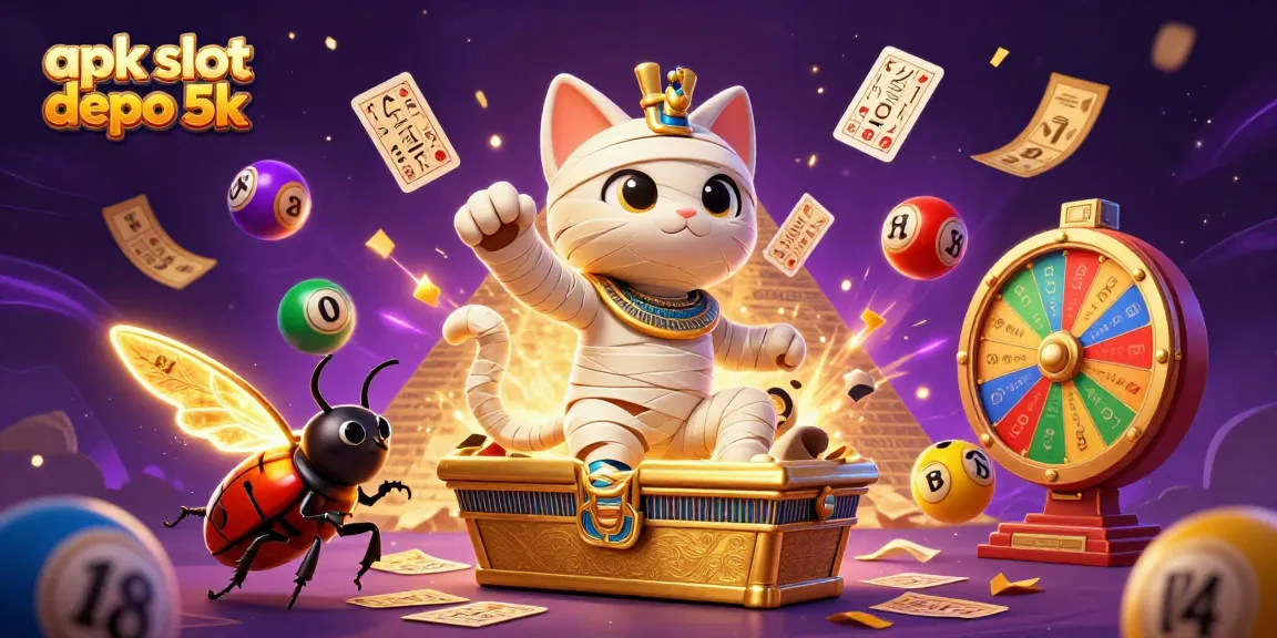 Engage in apk slot depo 5k with a dynamic scene of a mummy cat in a casino, rich in colorful game elements.