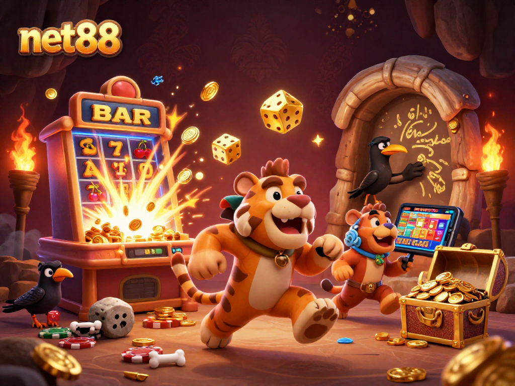 Experience net88's thrilling prehistoric casino with a dynamic sabertooth tiger duo and exciting gaming elements.