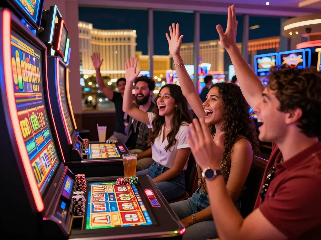 Sahabat merayakan kemenangan besar di mesin slot tautan di kasino yang ramai di Las Vegas