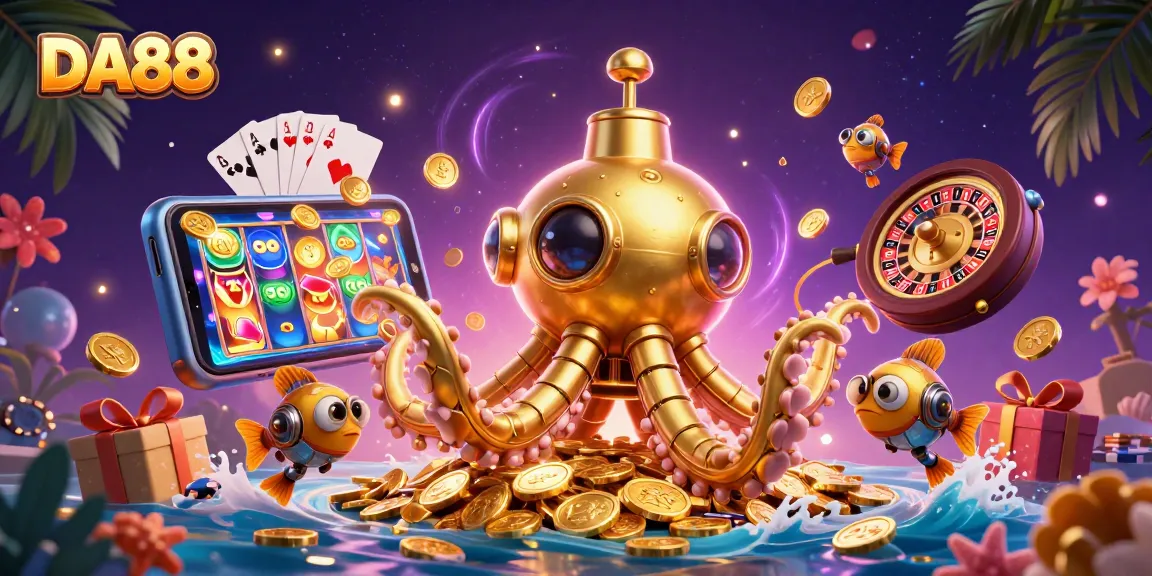 Engage with the DA88 world, where a golden kraken submarine navigates vibrant casino treasures.