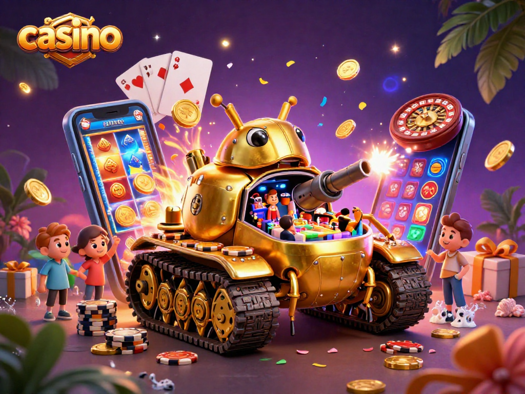 Experience a vibrant casino scene with exciting games, golden coins, and dynamic action.