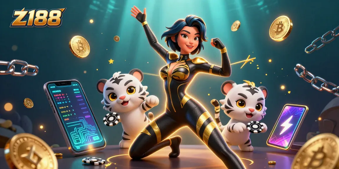 Win at z188 with dynamic casino action featuring a stylish character and vibrant crypto elements.