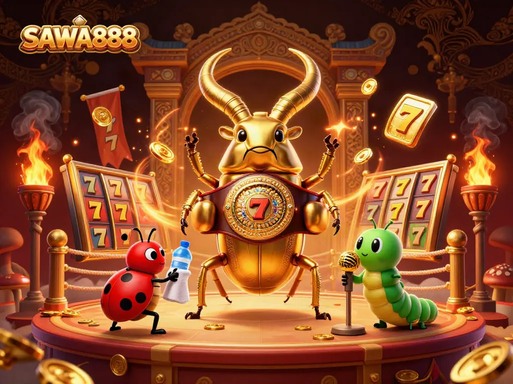 Engage in the thrill of SAWA888 with a vibrant slots-themed boxing match illustration featuring dynamic characters.