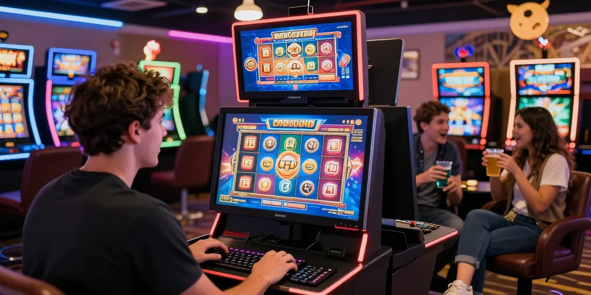 Engaged player enjoying bonus buy slots in a lively casino setting with friends and vibrant graphics.