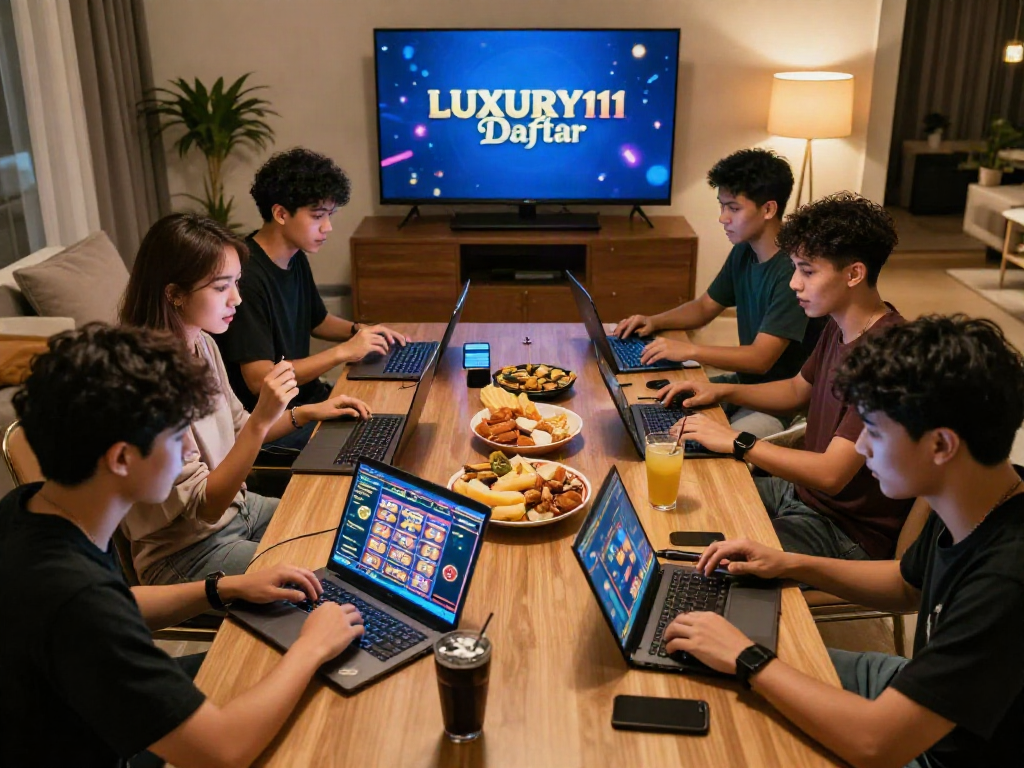 Atmosfer permainan slot LUXURY111 Daftar dengan pemain bersemangat menggunakan laptop dan ponsel di ruang santai.