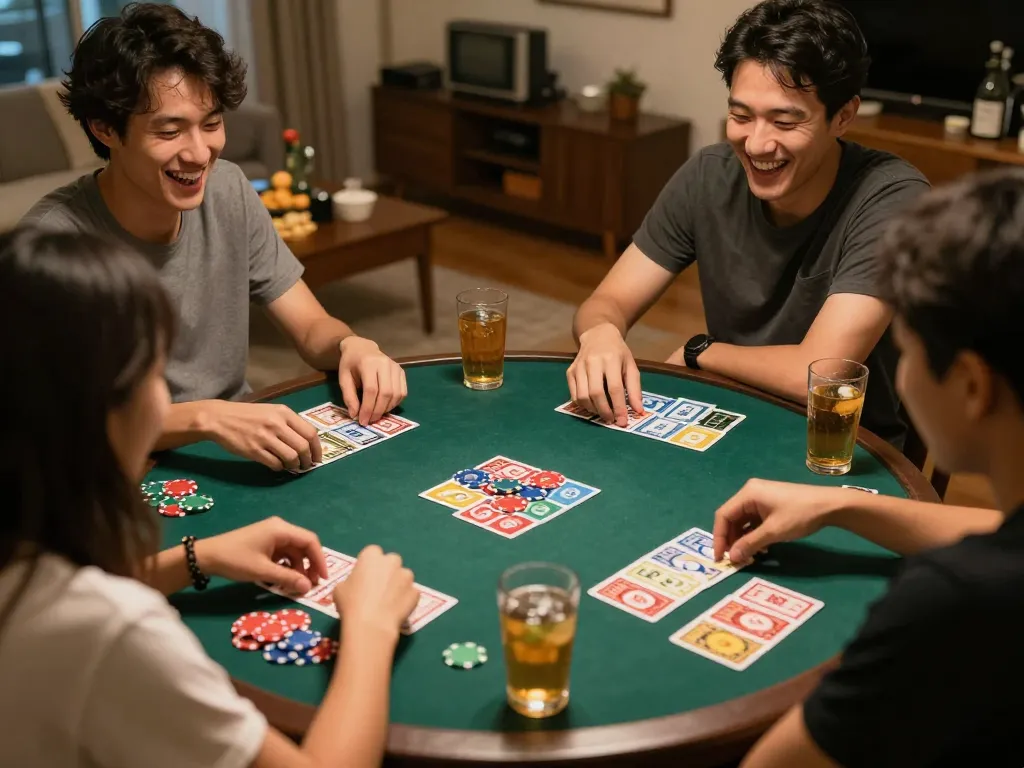 Cách chơi Phỏm with friends around a table, vibrant chips and strategy in action during a home game night