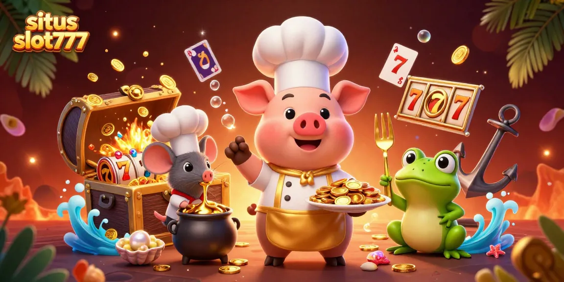 Situs slot777 showcases a vibrant 3D scene with a chef pig serving gold coins at a casino-themed extravaganza.