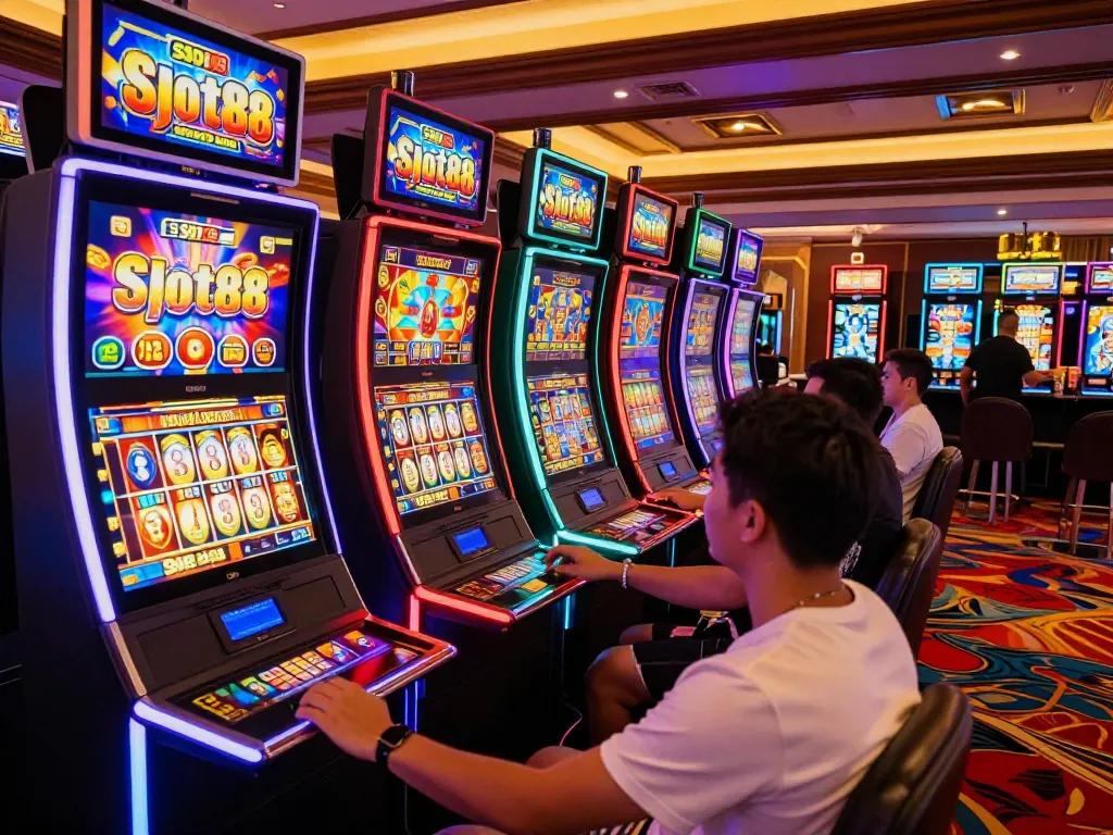 Players enjoying vibrant Slot88 machines with engaging visuals in a lively casino atmosphere