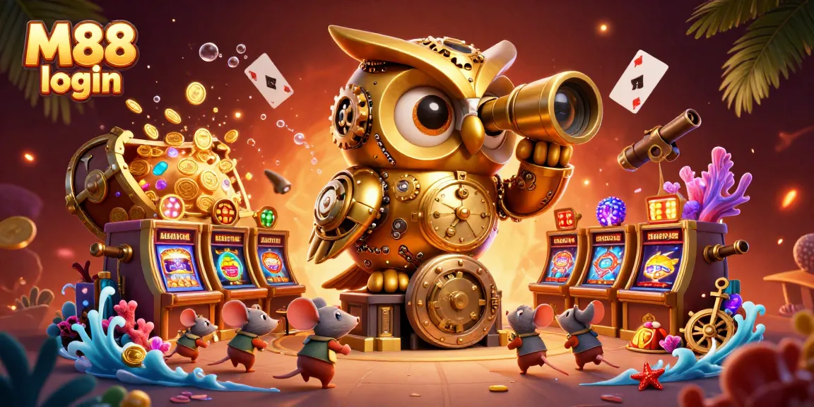 Join the excitement at M88 login with a vibrant casino scene featuring a golden owl and whimsical characters.