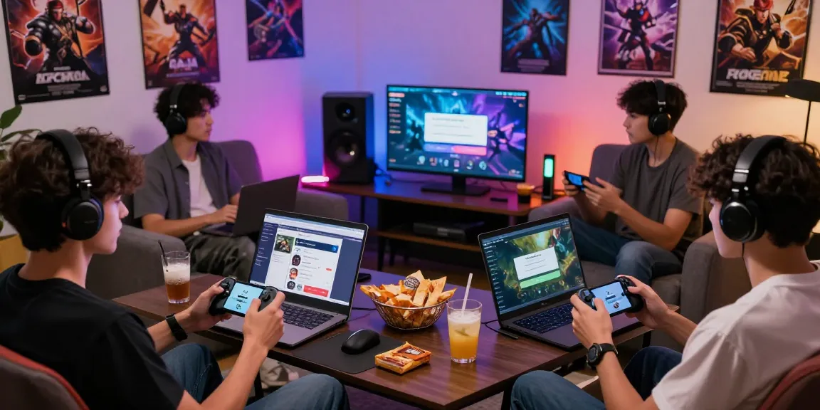 Excited gamers discussing Raja Game login strategies in a vibrant lounge.