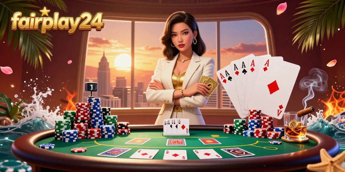 Experience thrilling bets with fairplay24, showcasing dynamic poker elements and a glamorous Asian businesswoman.