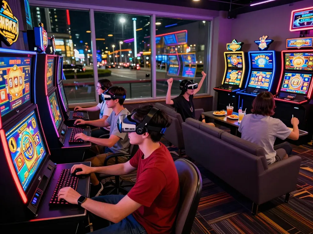 Suasana permainan yang menggembirakan menampilkan teman-teman yang menikmati situs slot gacor di lounge yang ramai dengan layar cerah dan kehidupan malam kota.