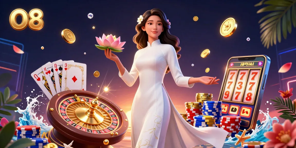 O8 features an elegant Asian woman celebrating jackpots with cascading coins, vibrant gems, and casino elements in a dynamic scene.