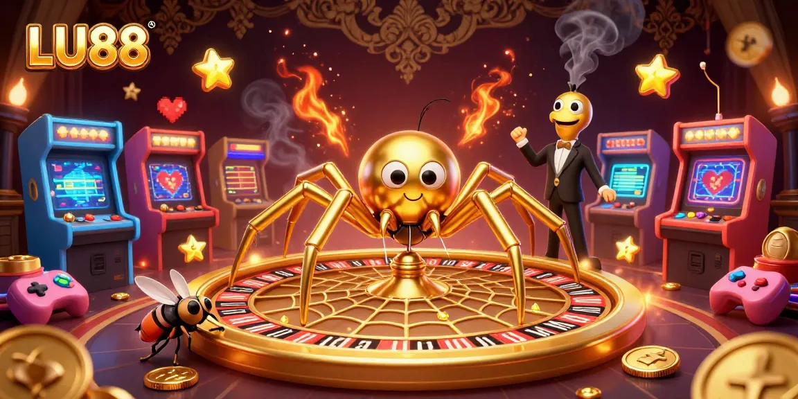 Experience the thrill of LU88 with a golden spider spinning roulette, while colorful game elements surround it.