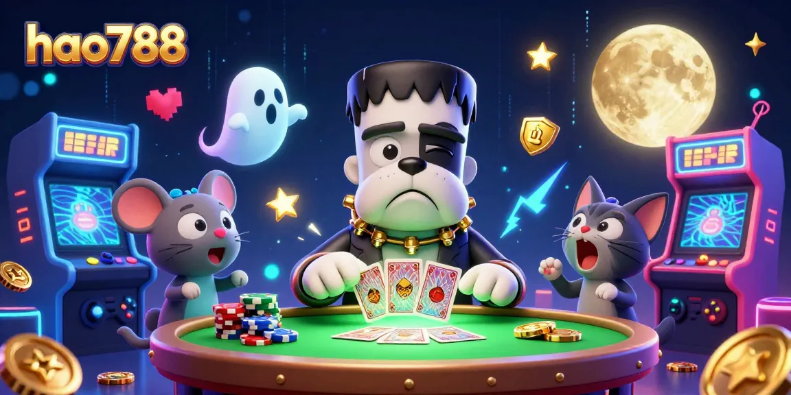 Permainan kartu seru di HAO788, dengan monster bulldog Frankenstein dan kucing werewolf, dikelilingi mesin arcade cerah.