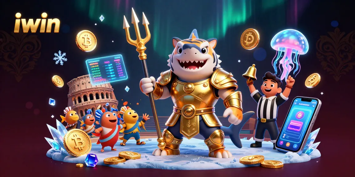 Engage with iwin's vibrant underwater casino scene featuring a gladiator shark and crypto elements.