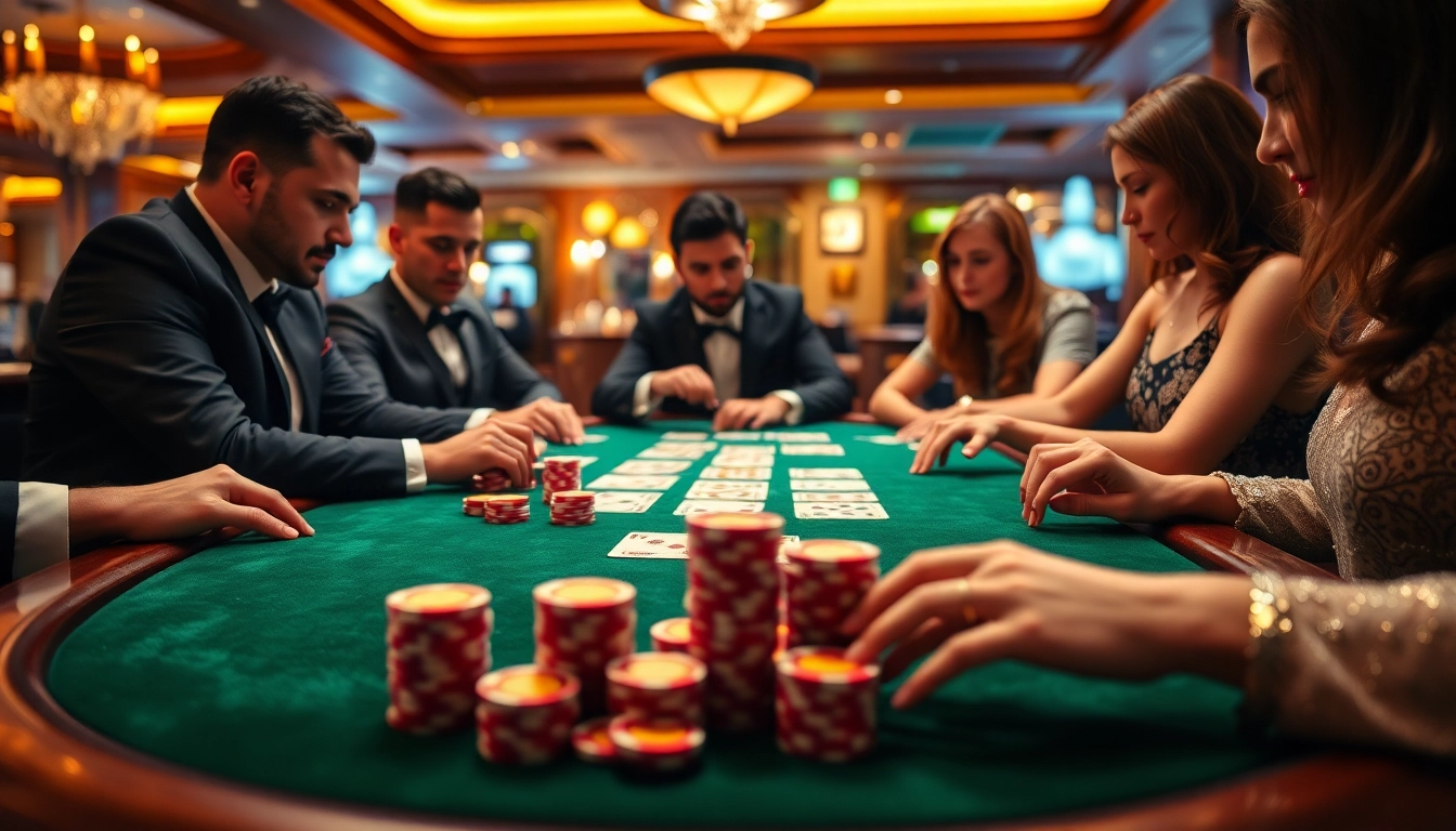 Players engaged in a strategic game around a Blackjack Casino table, focusing on cards and chips.