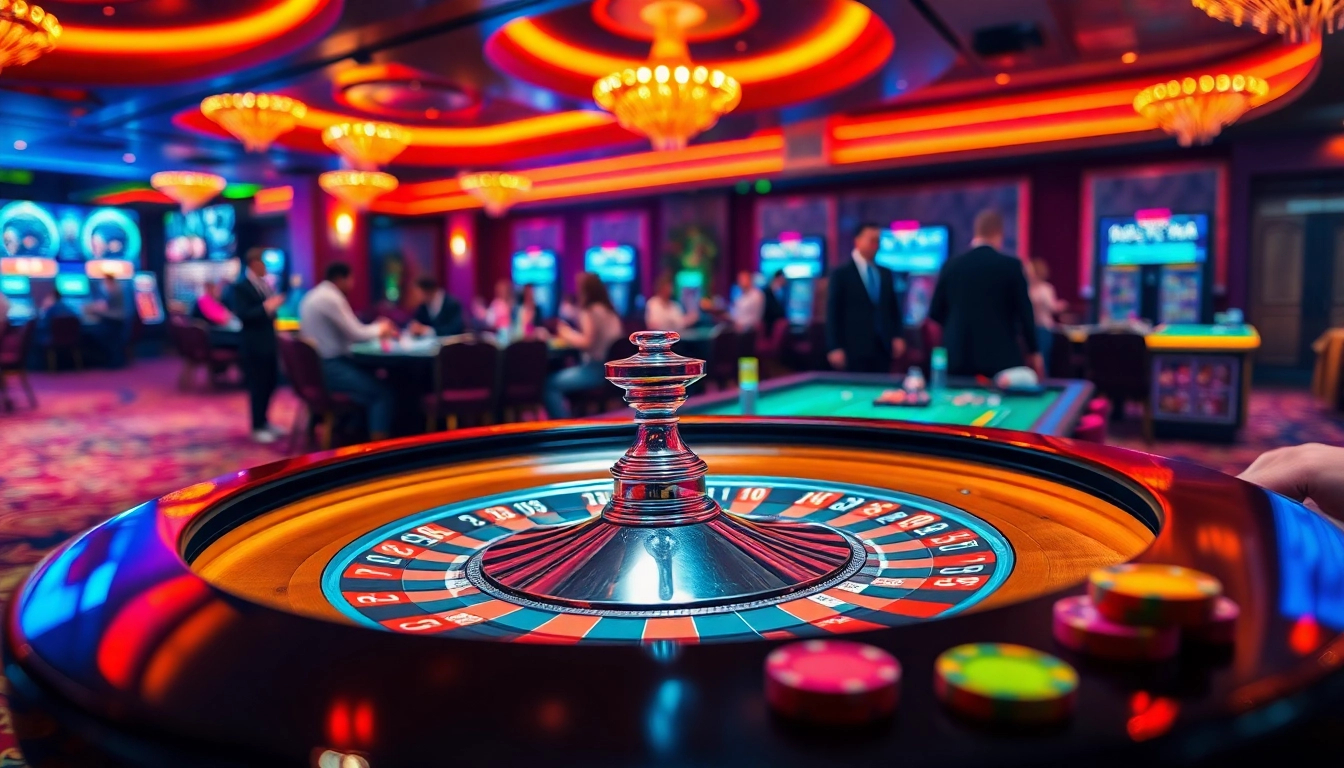 Engaging scene in a casino featuring a roulette table with lively players.
