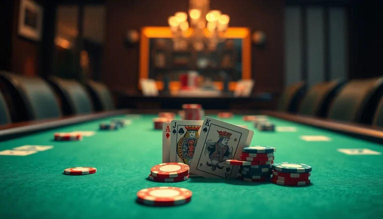Poker Game setup with cards and colorful chips creates an engaging atmosphere for players.