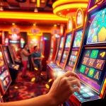 Slot Game dengan mesin slot cerah dan pemain menarik tuasnya di kasino yang meriah.